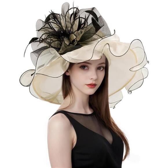Women Organza Church Tea Party Hats Floral Beige Black main image 6